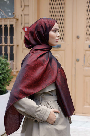 İpeksi Çift Taraflı Jakar Şal - Mandala Desen - Bordo