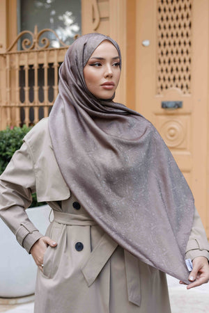 İpeksi Çift Taraflı Jakar Şal - Mandala Desen - Vizon