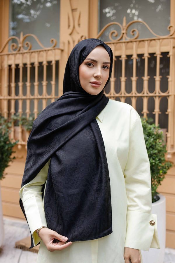 İpeksi Çift Taraflı Jakar Şal - Hint - Siyah