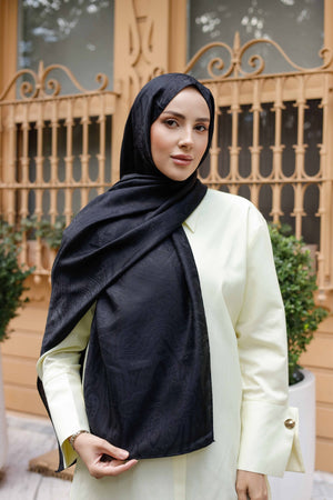 İpeksi Çift Taraflı Jakar Şal - Hint - Siyah