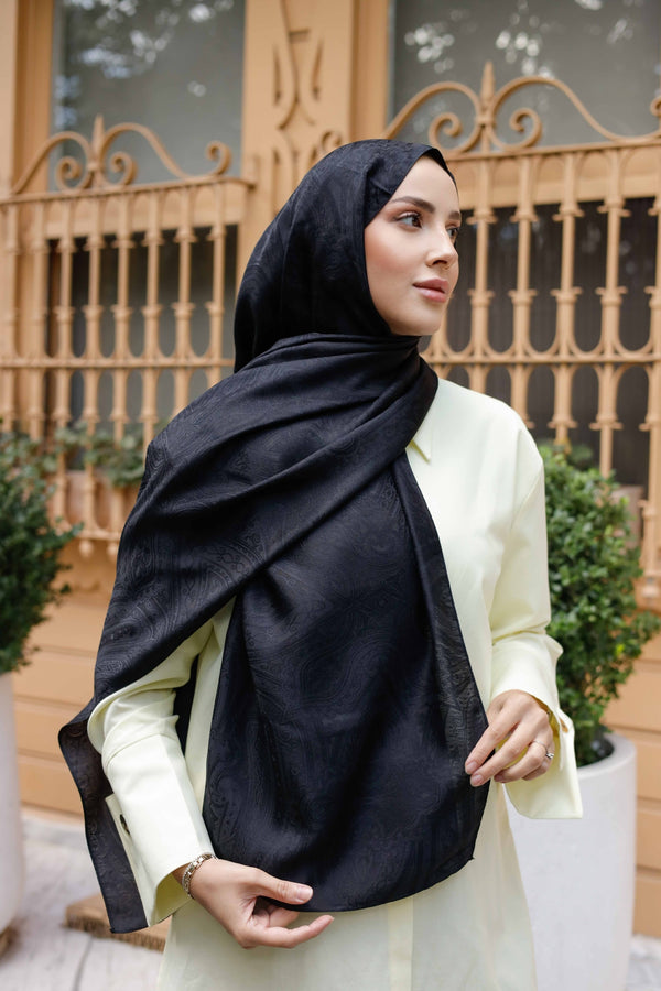 İpeksi Çift Taraflı Jakar Şal - Hint - Siyah