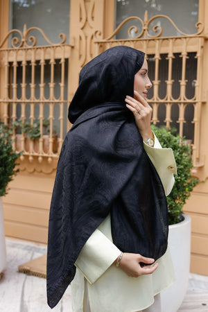 İpeksi Çift Taraflı Jakar Şal - Hint - Siyah