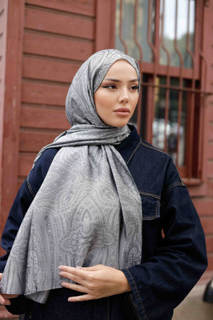 İpeksi Çift Taraflı Jakar Şal - Hint - Gri