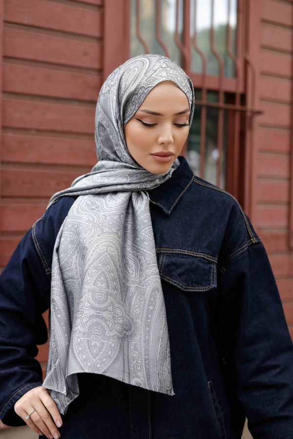 İpeksi Çift Taraflı Jakar Şal - Hint - Gri