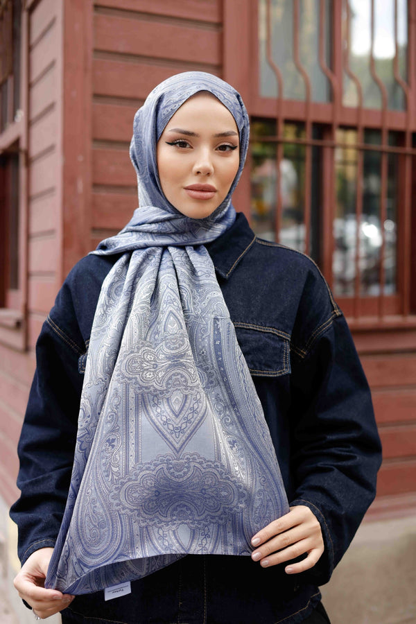 İpeksi Çift Taraflı Jakar Şal - Hint - Mavi