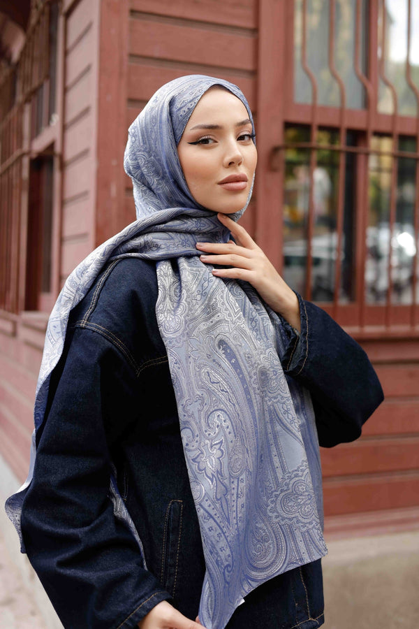 İpeksi Çift Taraflı Jakar Şal - Hint - Mavi