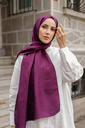 İpeksi Çift Taraflı Jakar Şal - Hint Desen - Mürdüm