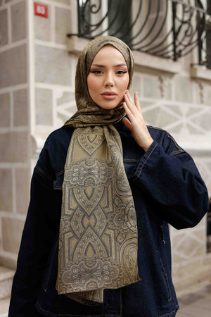 İpeksi Çift Taraflı Jakar Şal - Hint - Yağ Yeşili