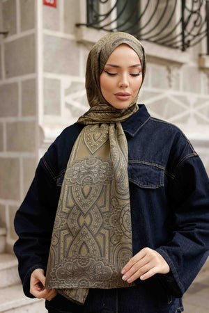 İpeksi Çift Taraflı Jakar Şal - Hint - Yağ Yeşili