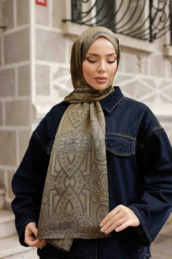 İpeksi Çift Taraflı Jakar Şal - Hint - Yağ Yeşili