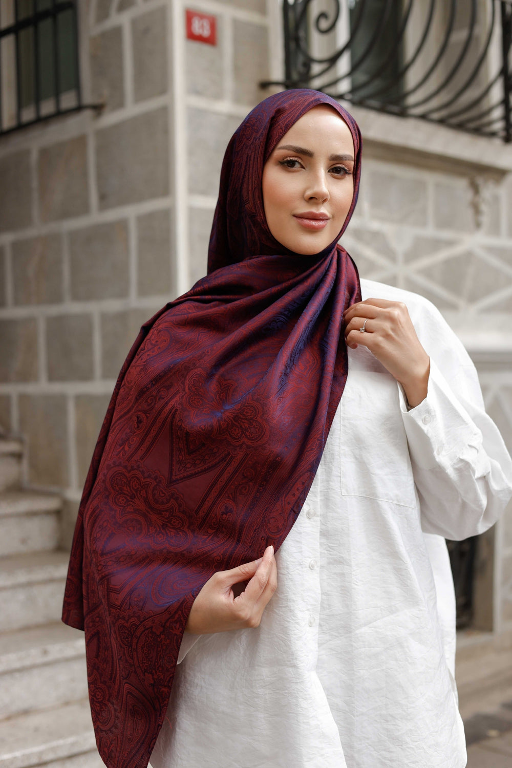 İpeksi Çift Taraflı Jakar Şal - Hint  - Vişne