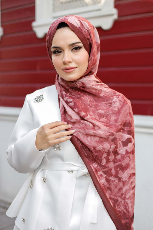 %100 Organik Pamuk Şal - Rose Desen - Bordo