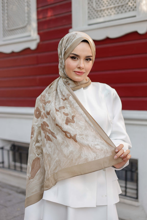 %100 Organik Pamuk Şal - Rose Desen - Latte