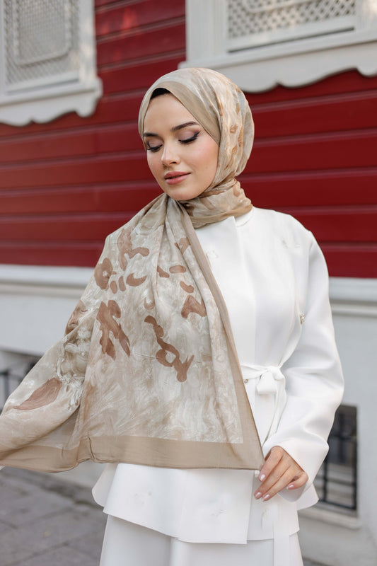 %100 Organik Pamuk Şal - Rose Desen - Latte