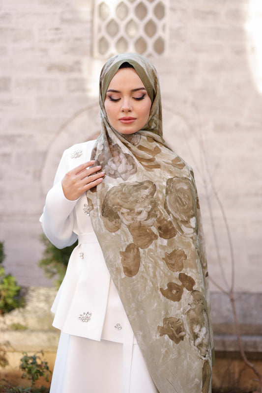 %100 Organik Pamuk Şal - Rose Desen - Olive
