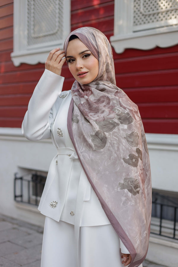 %100 Organik Pamuk Şal - Rose Desen - Gül Kurusu
