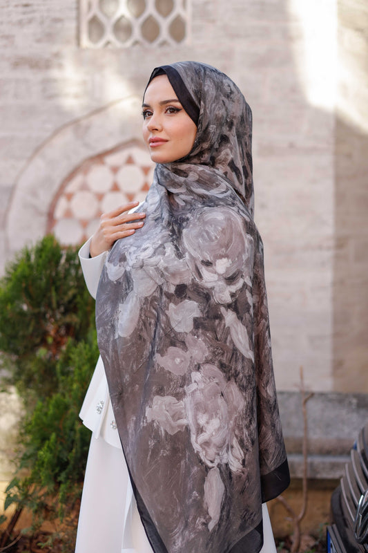 %100 Organik Pamuk Şal - Rose Desen - Füme