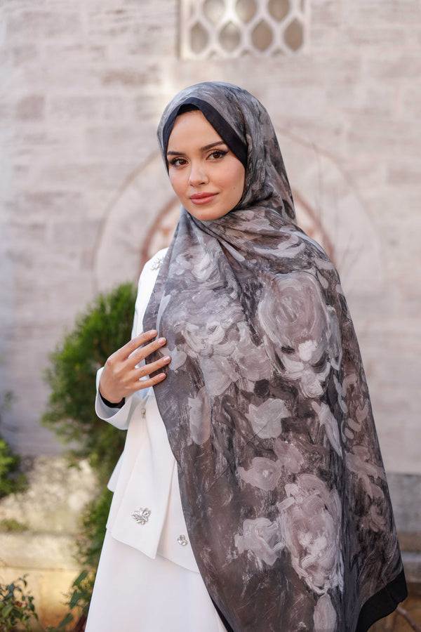 %100 Organik Pamuk Şal - Rose Desen - Füme