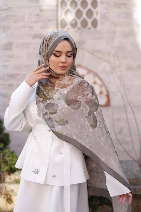 %100 Organik Pamuk Şal - Rose Desen -  Koyu Vizon