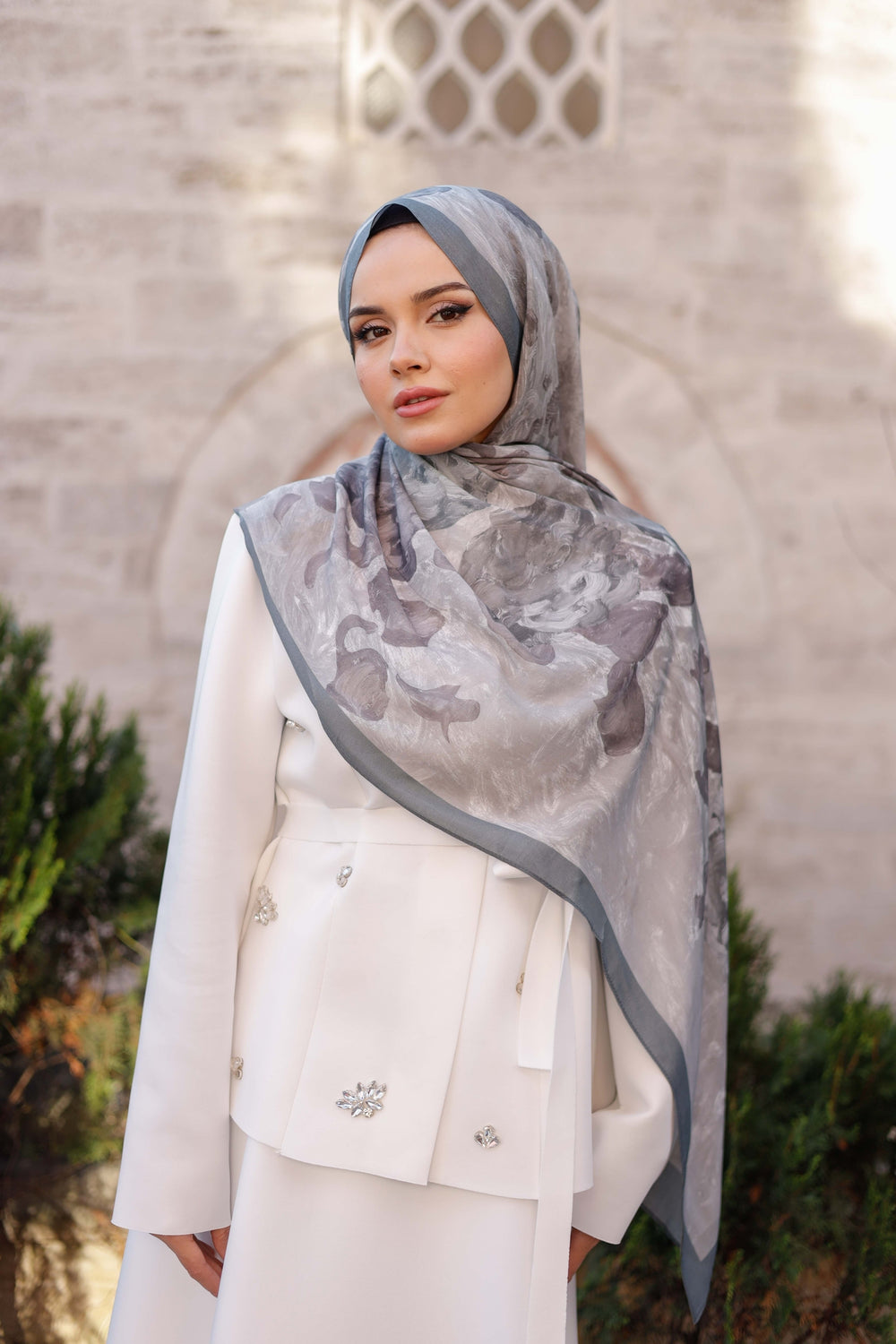 %100 Organik Pamuk Şal - Rose Desen - Gri