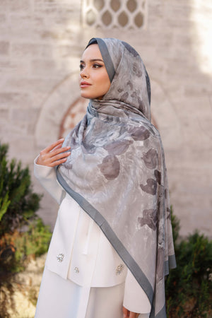 %100 Organik Pamuk Şal - Rose Desen - Gri