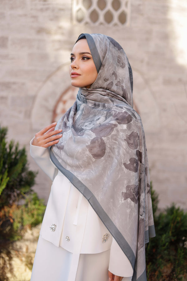 %100 Organik Pamuk Şal - Rose Desen - Gri
