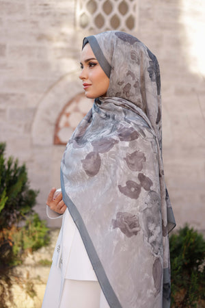 %100 Organik Pamuk Şal - Rose Desen - Gri