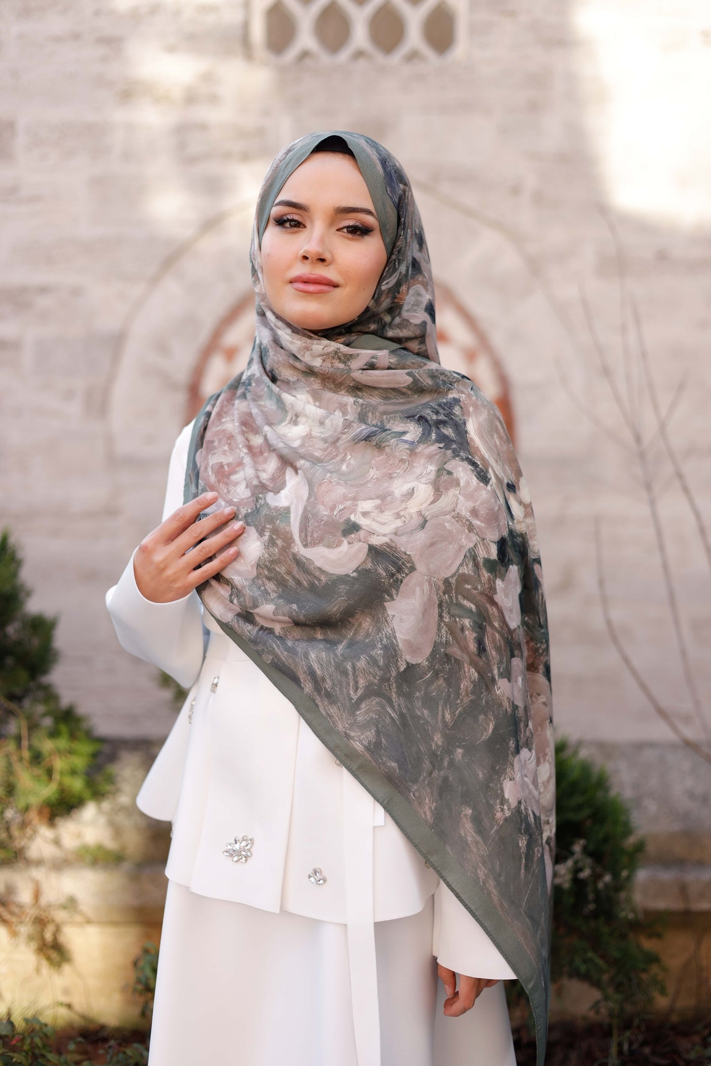 %100 Organik Pamuk Şal - Rose Desen - Açık Haki