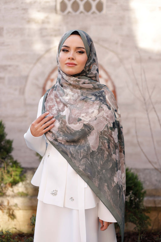 %100 Organik Pamuk Şal - Rose Desen - Açık Haki