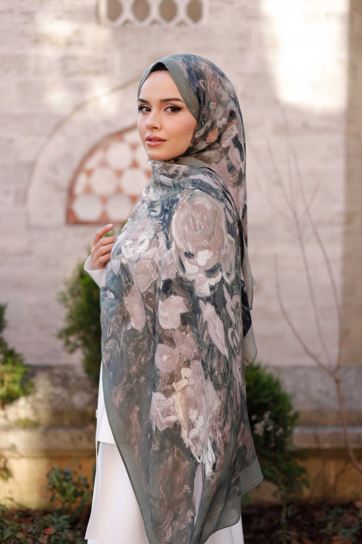 %100 Organik Pamuk Şal - Rose Desen - Açık Haki