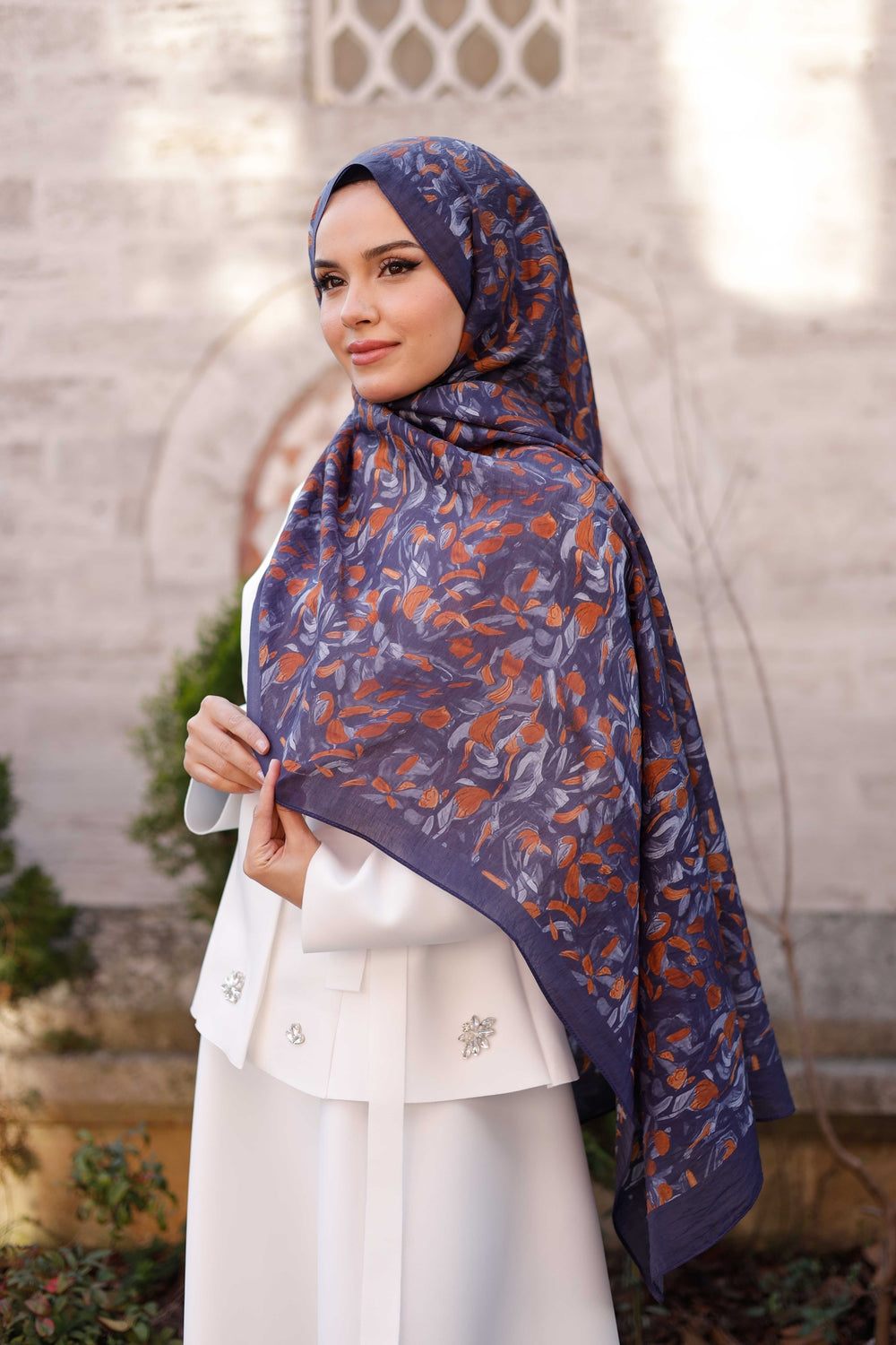 Tensel Şal - Yaprak Desen - Lacivert