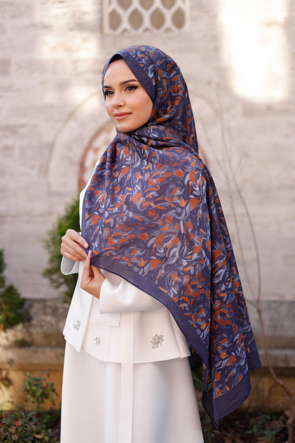 Tensel Şal - Yaprak Desen - Lacivert