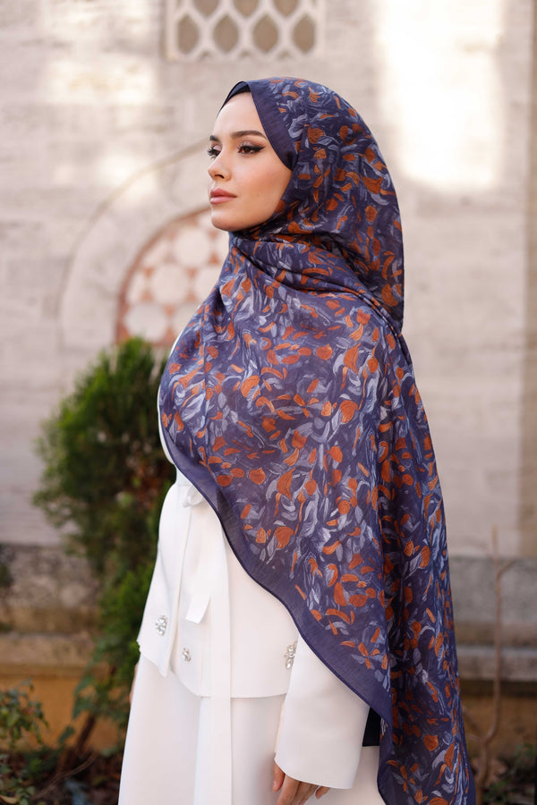 Tensel Şal - Yaprak Desen - Lacivert