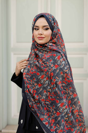Tensel Şal - Yaprak Desen - Siyah Kırmızı