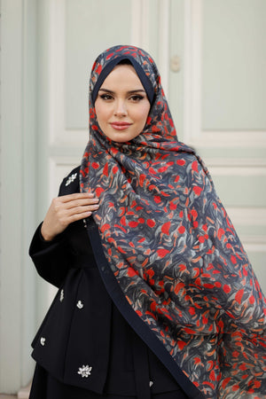 Tensel Şal - Yaprak Desen - Siyah Kırmızı