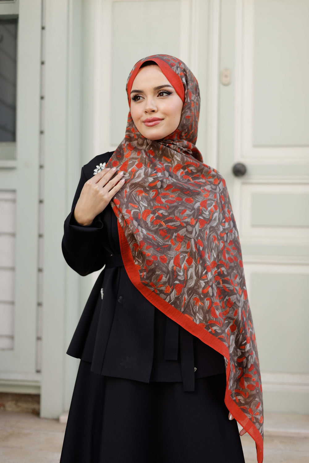 Tensel Şal - Yaprak Desen - Kırmızı