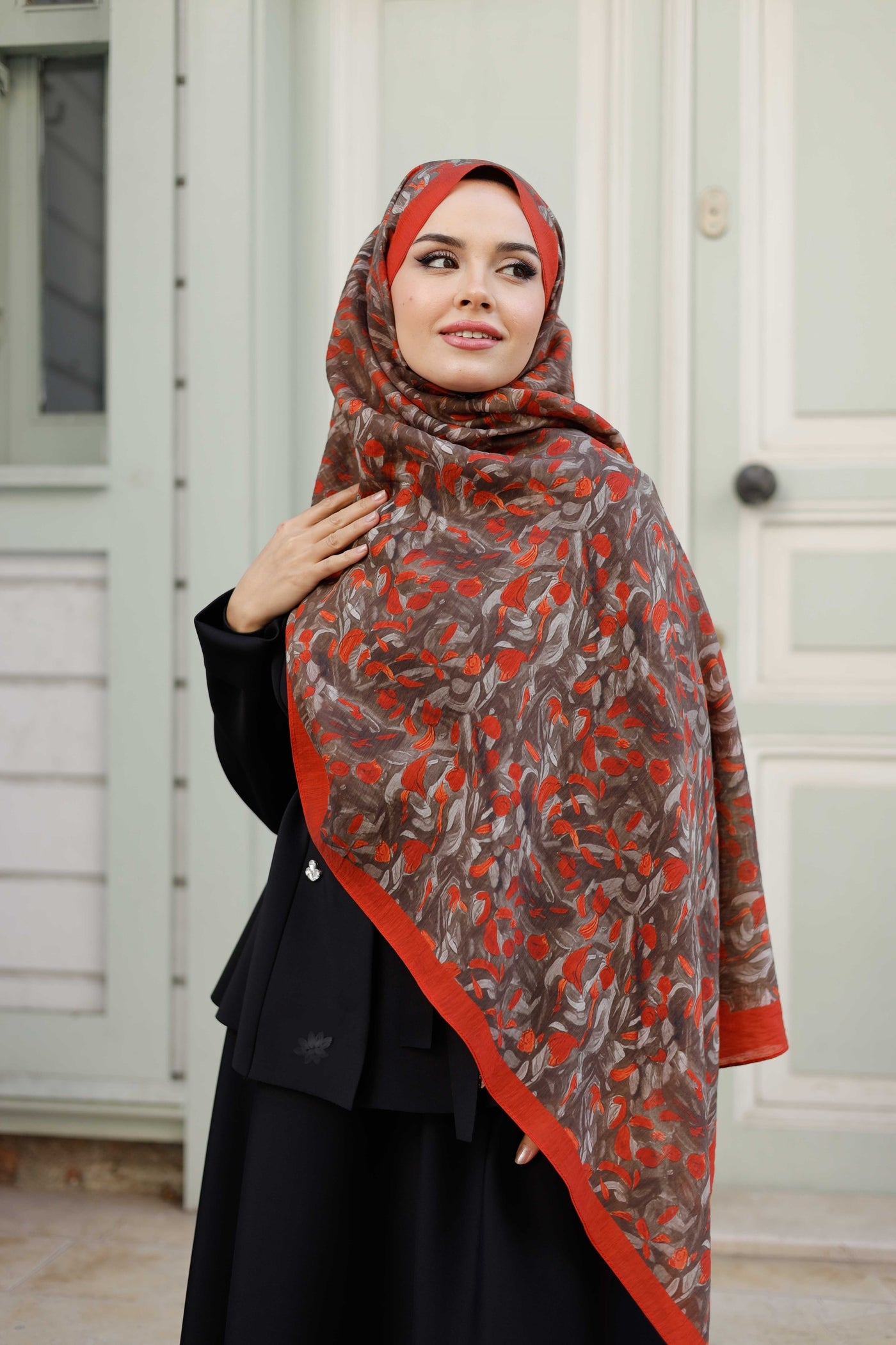 Tensel Şal - Yaprak Desen - Kırmızı