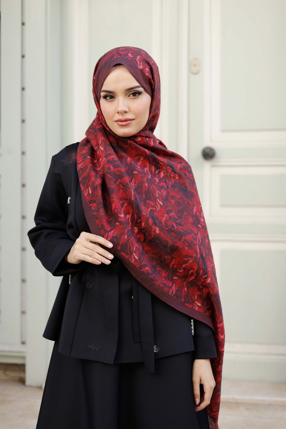 Tensel Şal - Yaprak Desen - Bordo