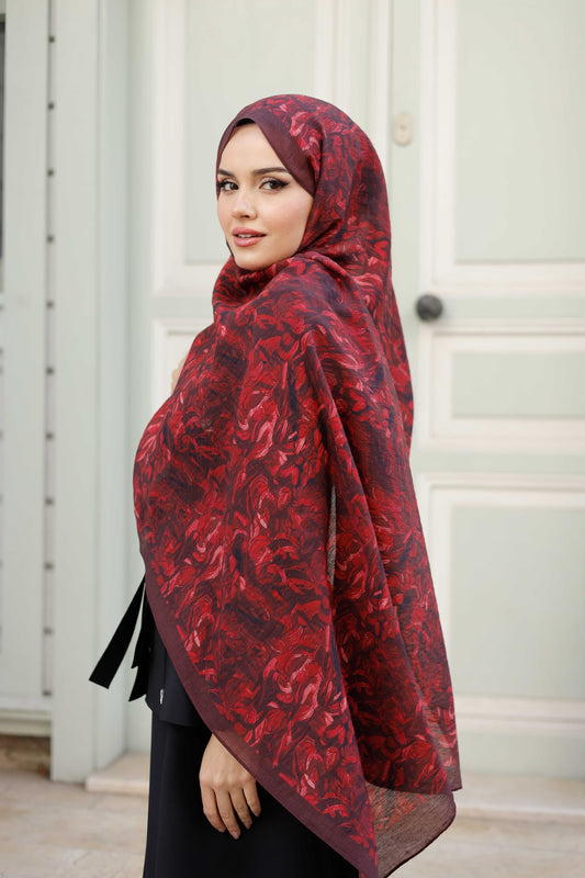 Tensel Şal - Yaprak Desen - Bordo