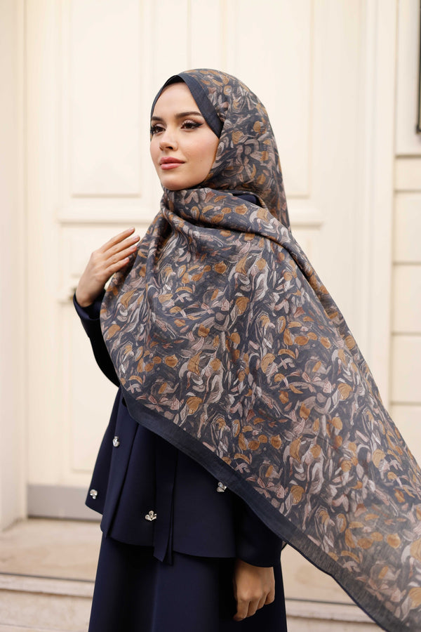 Tensel Şal - Yaprak Desen - Siyah Camel