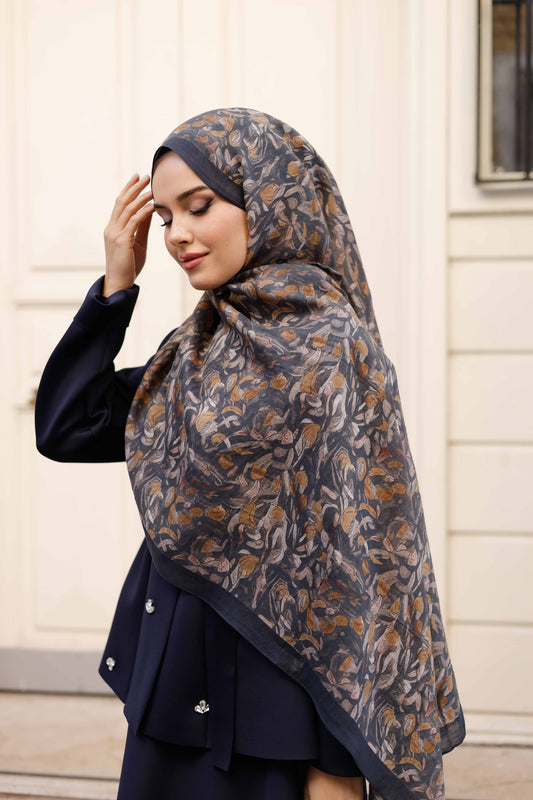 Tensel Şal - Yaprak Desen - Siyah Camel