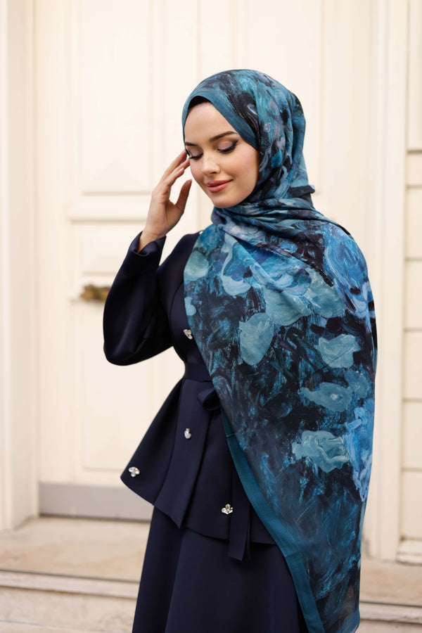 %100 Organik Pamuk Şal - Rose Desen - İndigo