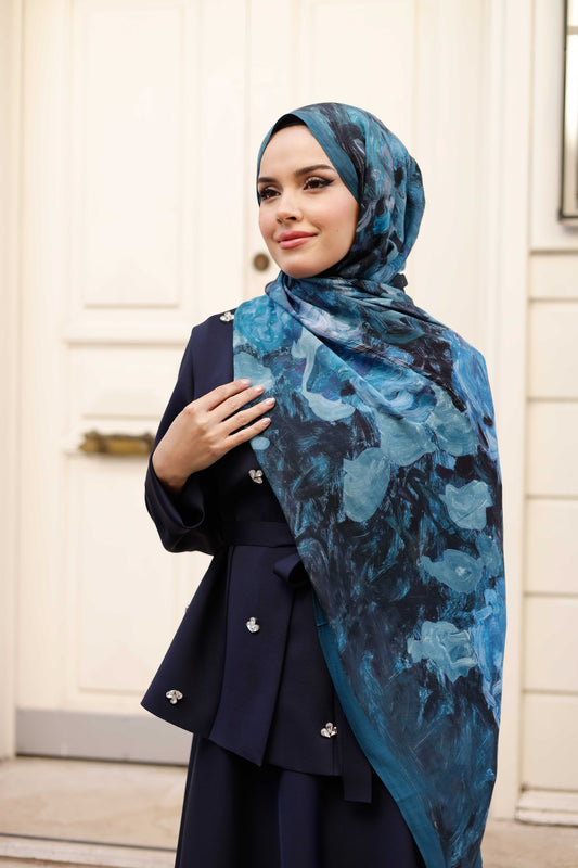 %100 Organik Pamuk Şal - Rose Desen - Petrol Mavisi