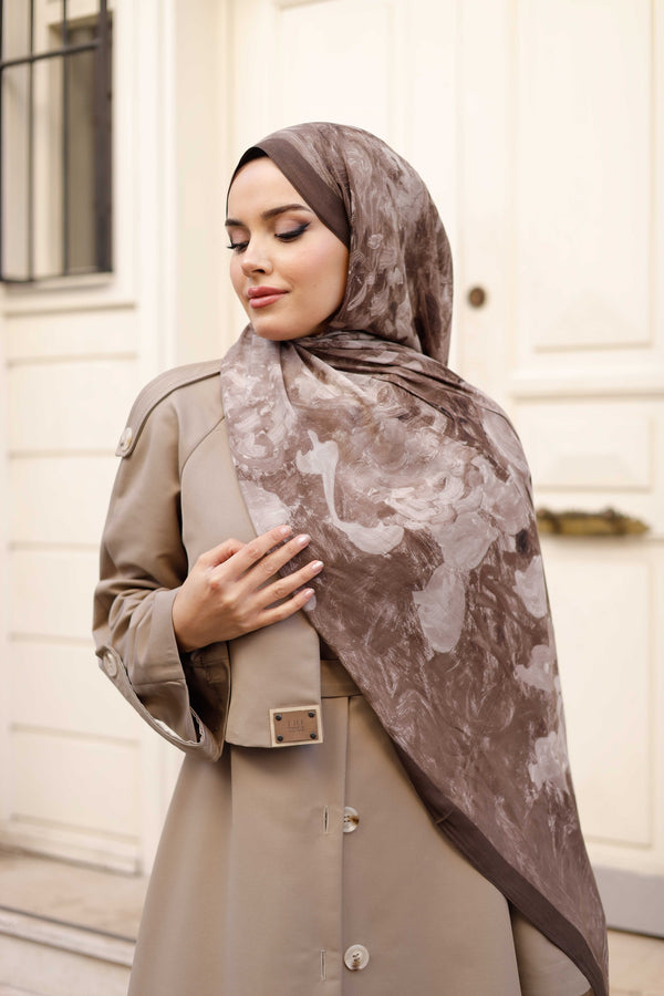 %100 Organik Pamuk Şal - Rose Desen - Kahverengi