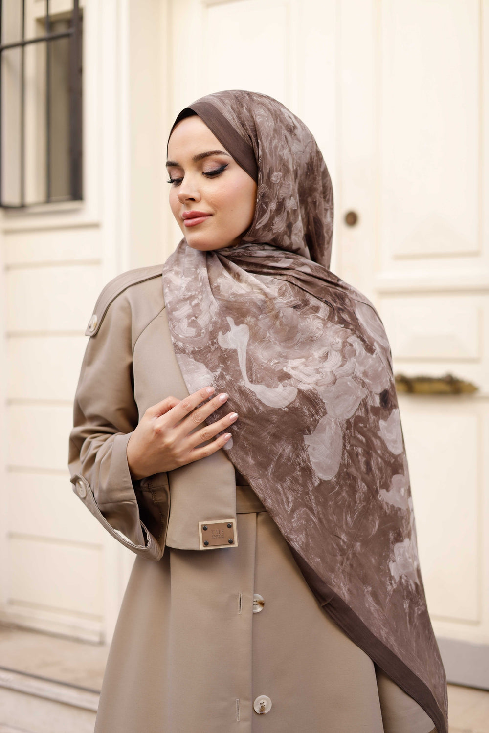 %100 Organik Pamuk Şal - Rose Desen - Kahverengi