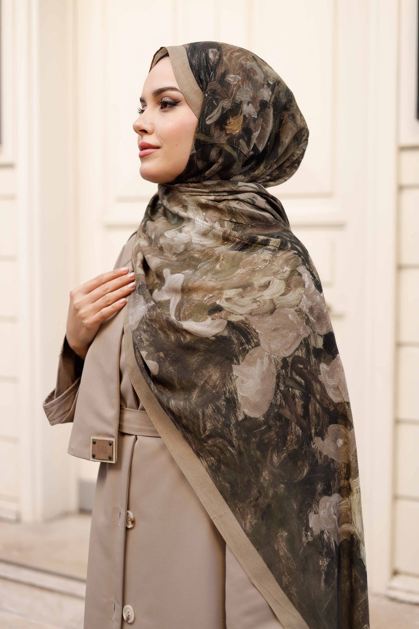 %100 Organik Pamuk Şal - Rose Desen - Haki Yeşili