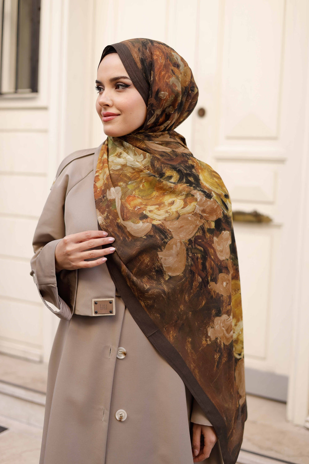 %100 Organik Pamuk Şal - Rose Desen - Kahve Hardal