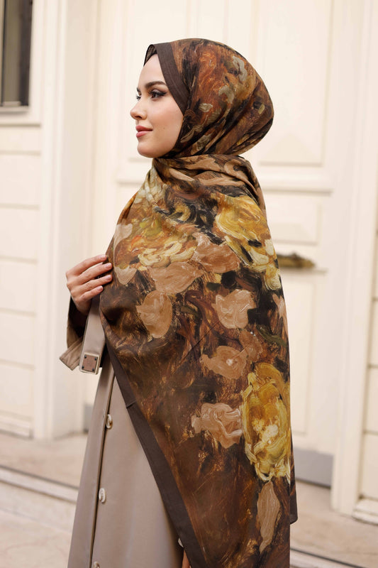 %100 Organik Pamuk Şal - Rose Desen - Kahve Hardal