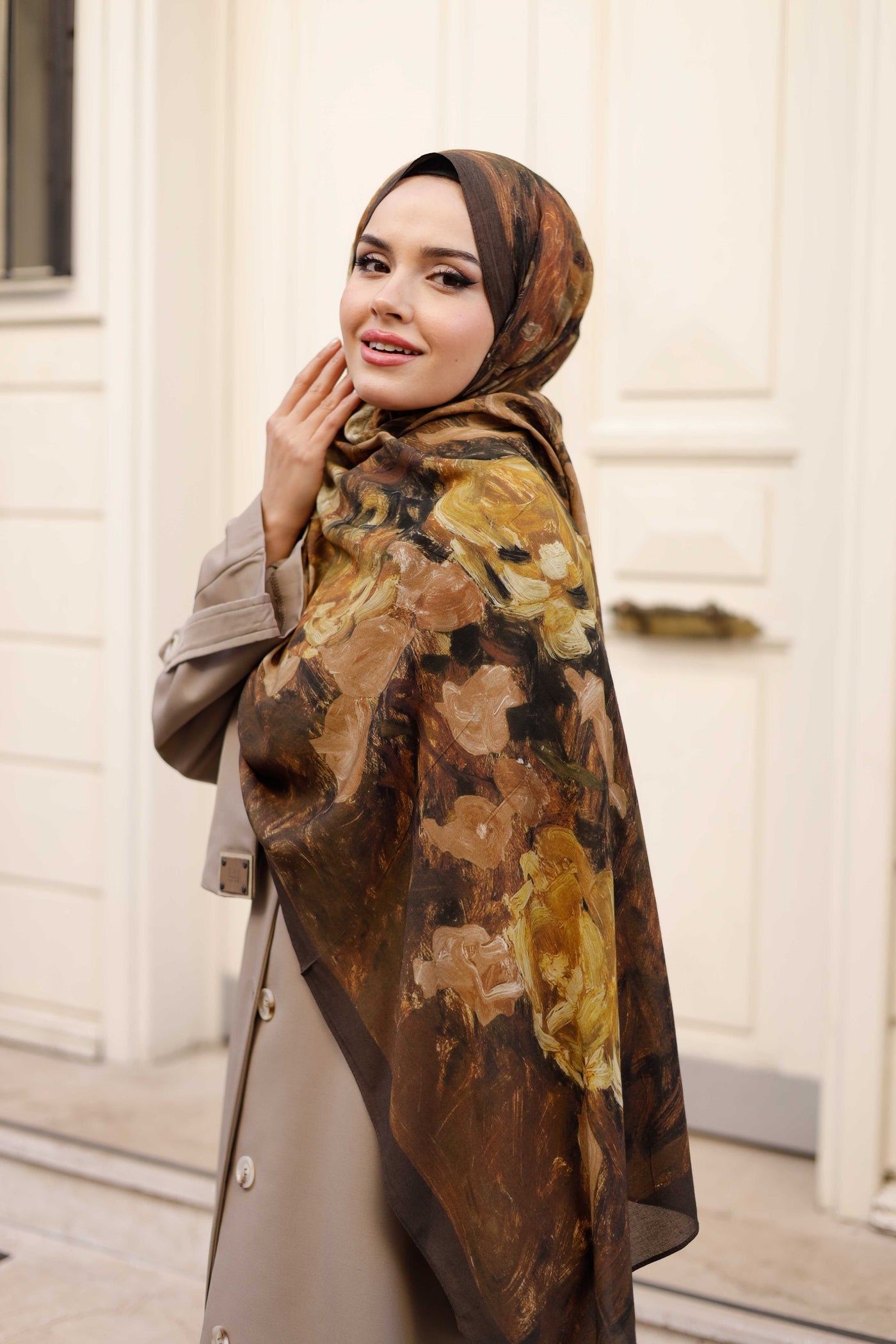 %100 Organik Pamuk Şal - Rose Desen - Kahve Hardal