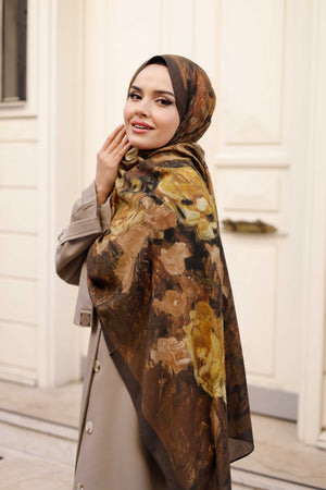 %100 Organik Pamuk Şal - Rose Desen - Kahve Hardal